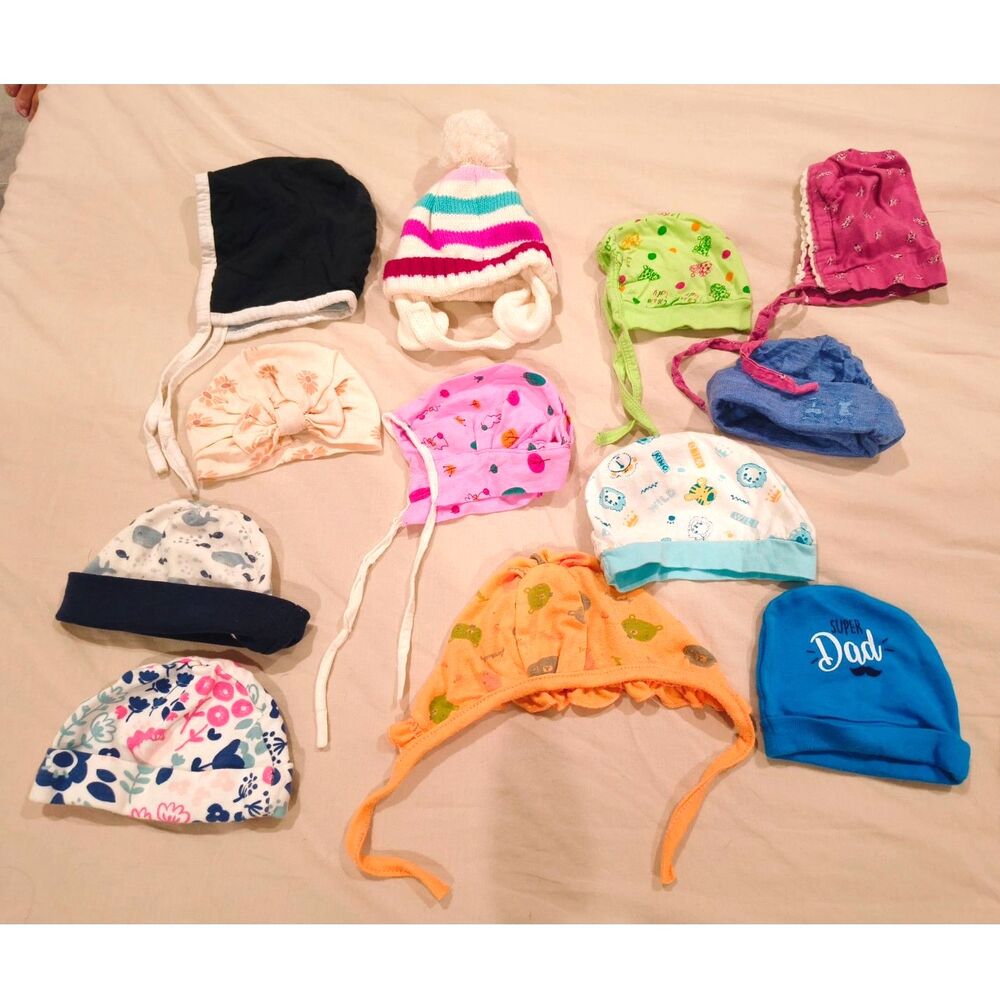 12 Baby Caps (0–3m) – Mixed Cotton & Woolen– Gently Used